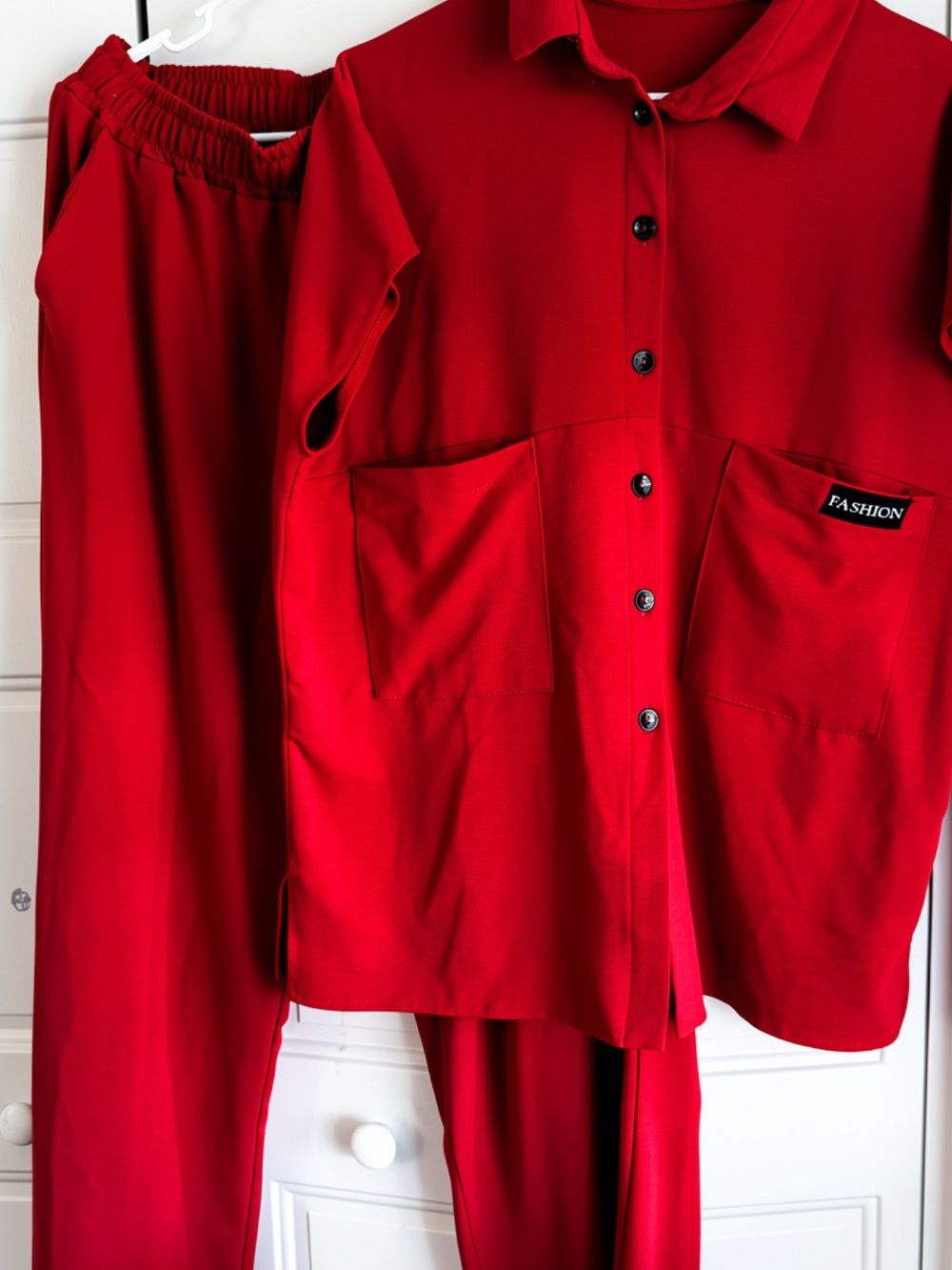 Red Two-Piece Relaxed Button-Up Set - Picture 3 of 7